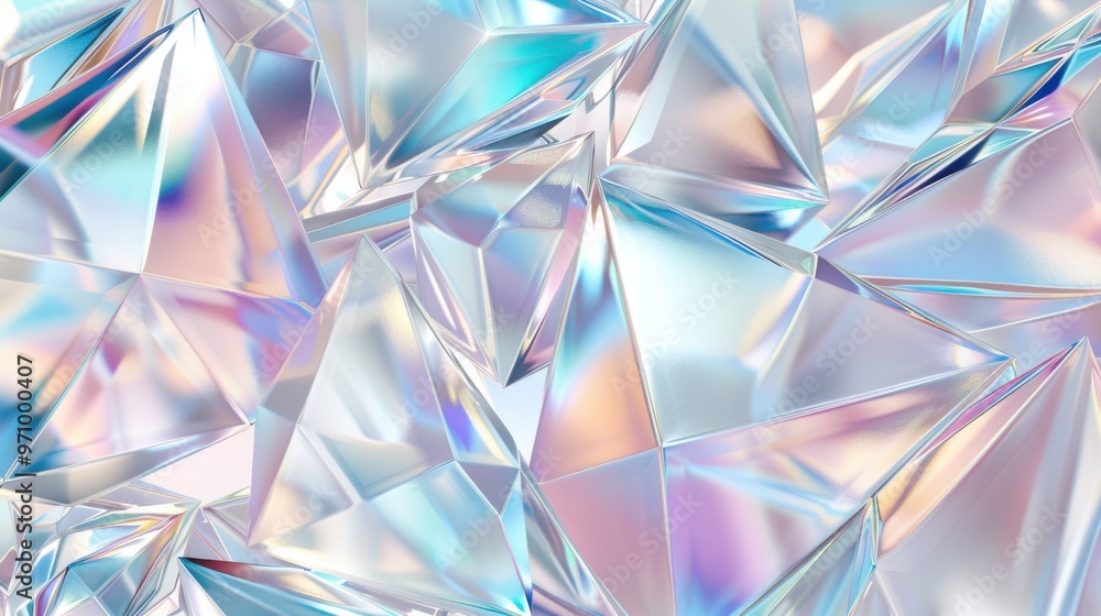 Geometric crystal shapes clustered background, creating a stunning display of light and reflections in iridescent hues Geometric crystal shapes clustered background, creating a stunning display of light and reflections in iridescent hues
