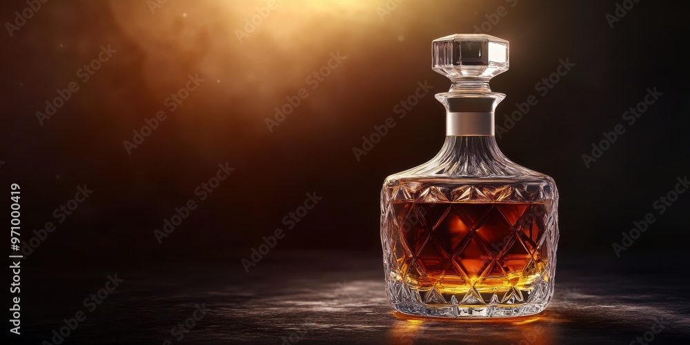 Exquisite crystal decanter with amber liquid, highlighted by warm, soft lighting in a luxurious setting Exquisite crystal decanter with amber liquid, highlighted by warm, soft lighting in a luxurious setting