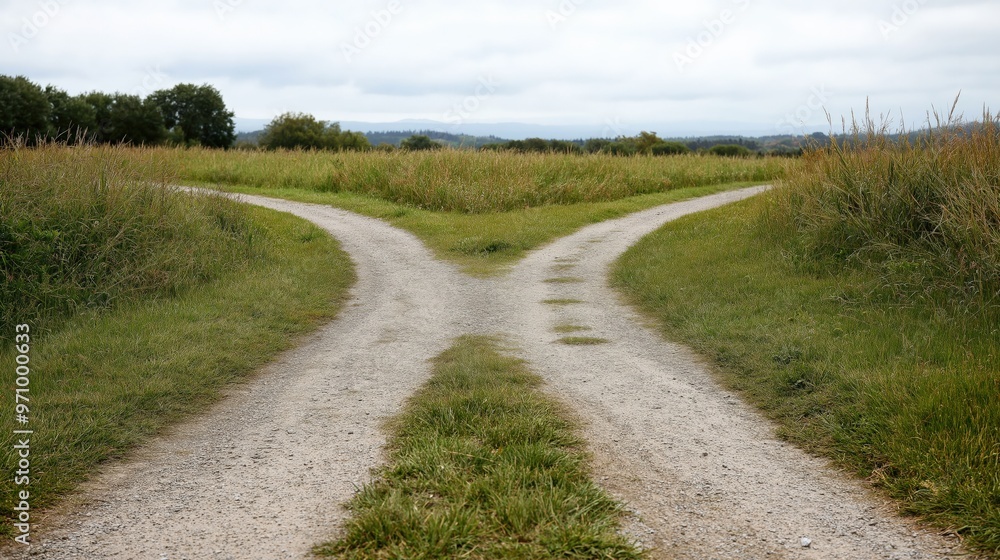 Diverging paths in a lush countryside for inspirational and motivational design Diverging paths in a lush countryside for inspirational and motivational design