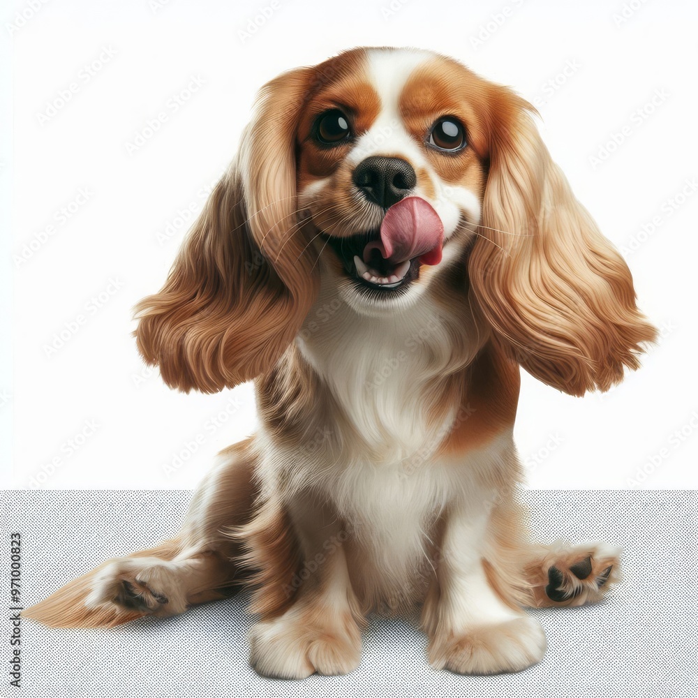 Cute little smiling purebred spaniel dog sitting and licking. Pet portrait against transparent background. Concept of movement, joy, playing, pets love, animal life, pet friend
Cute little smiling purebred spaniel dog sitting and licking. Pet portrait against transparent background. Concept of movement, joy, playing, pets love, animal life, pet friend