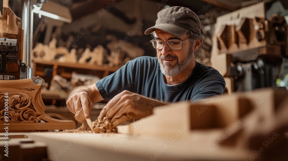 Focused Craftsman Working on Intricate Woodcarving Focused Craftsman Working on Intricate Woodcarving