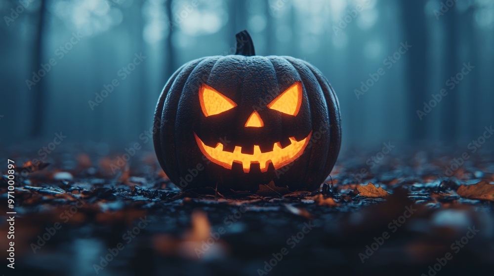 Halloween Pumpkin Jack o Lantern in Dark Forest Halloween Pumpkin Jack o Lantern in Dark Forest
