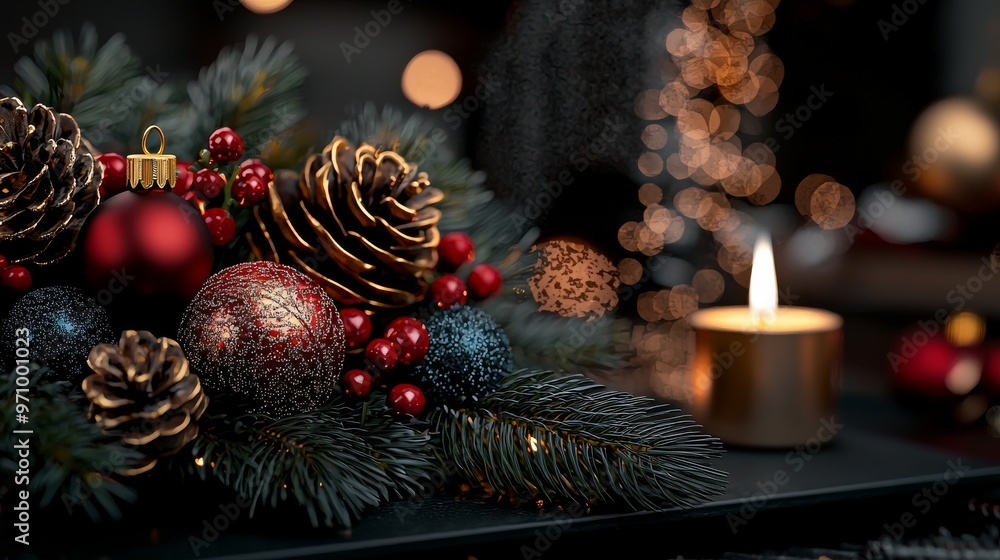 Christmas Decor with Pine Cones Ornaments and Candle Christmas Decor with Pine Cones Ornaments and Candle