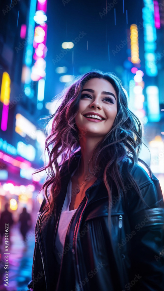 Obraz premium Smiling Woman Enjoying Music in Neon Lights