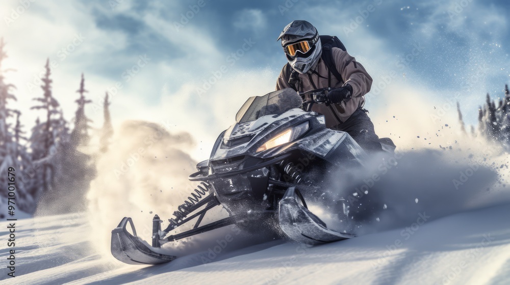 Snowmobile riding with fun in deep snow powder during backcountry tour. Neural network ai generated art Snowmobile riding with fun in deep snow powder during backcountry tour. Neural network ai generated art