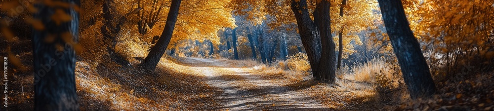 Winding Trail Blanketed by Golden Autumn Leaves with Oaks Winding Trail Blanketed by Golden Autumn Leaves with Oaks