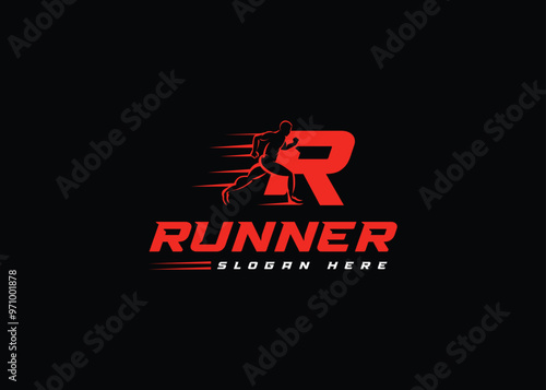 Athletics. Running man. Sport logo with letter R. Runner logo
