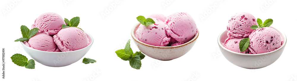 Set, collection of Bowl of pink ice cream with mint leaves isolated on transparent background. Set, collection of Bowl of pink ice cream with mint leaves isolated on transparent background.