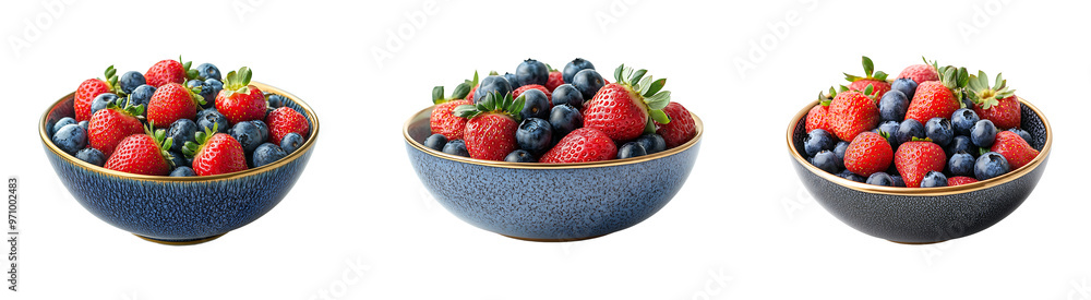 Set, collection of Bowl of strawberries and blueberries with gold rims isolated on transparent background. Set, collection of Bowl of strawberries and blueberries with gold rims isolated on transparent background.