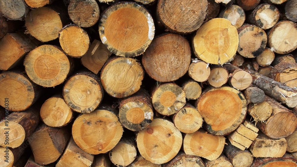 a stack of cut logs. The logs are arranged in a pile, with the circular ends facing outward. They vary in size, with some being larger and others smaller. The wood appears to be freshly cut a stack of cut logs. The logs are arranged in a pile, with the circular ends facing outward. They vary in size, with some being larger and others smaller. The wood appears to be freshly cut