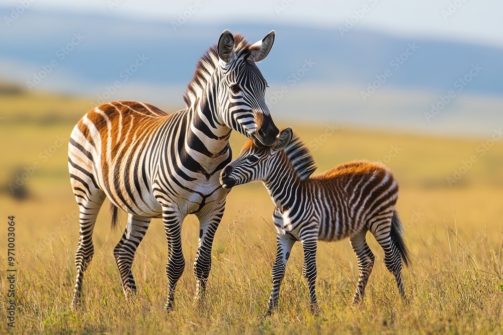 Mother Zebra and Her Fawn in African Savanna Mother Zebra and Her Fawn in African Savanna