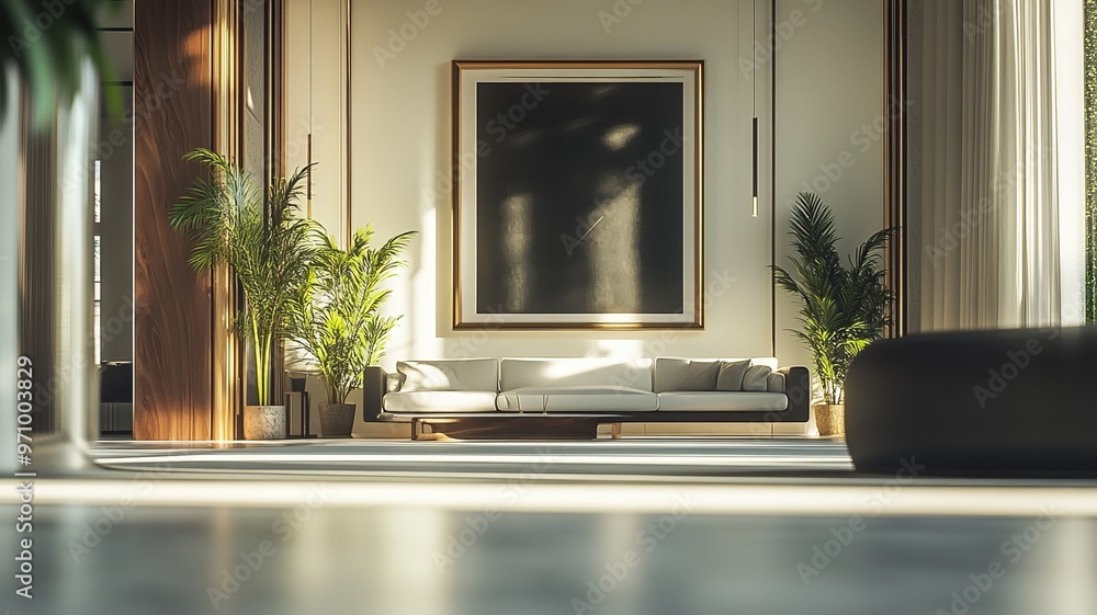 Modern Minimalist Living Room with Sunlight and Palm Trees Modern Minimalist Living Room with Sunlight and Palm Trees