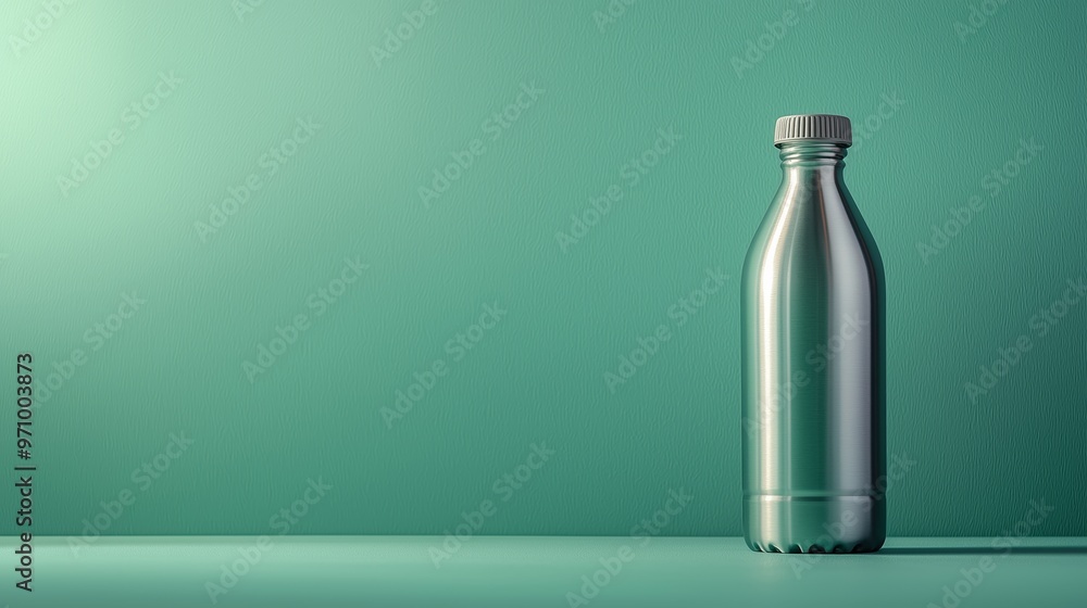 A minimalist stainless steel bottle with a screw cap placed on a smooth green background, emphasizing its sleek and sustainable design. A minimalist stainless steel bottle with a screw cap placed on a smooth green background, emphasizing its sleek and sustainable design.