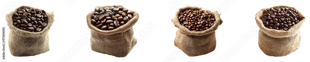 Set, collection of Brown coffee beans in a burlap sack isolated on transparent background. Set, collection of Brown coffee beans in a burlap sack isolated on transparent background.