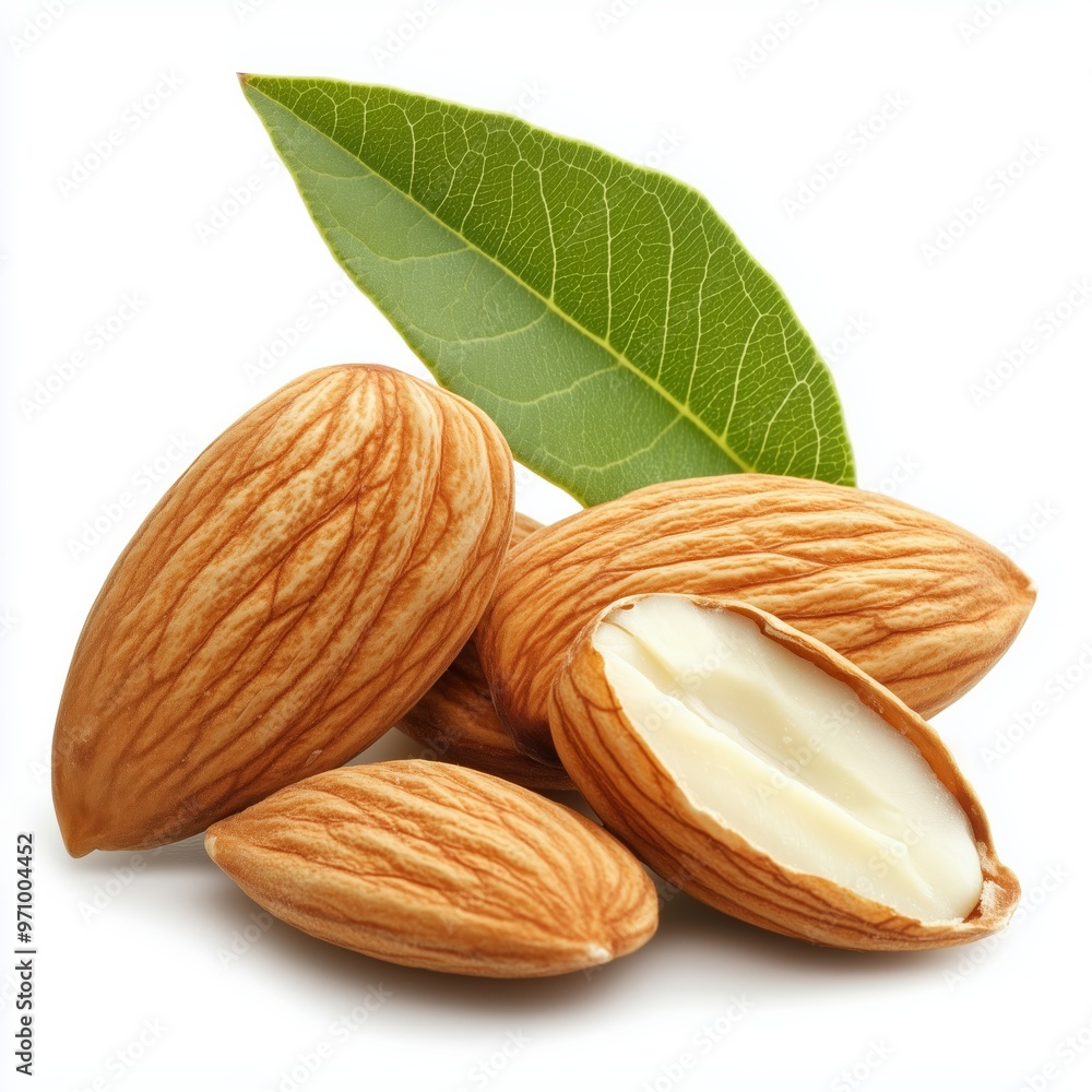 Fresh almonds and leaf on white background - perfect for healthy lifestyle designs Fresh almonds and leaf on white background - perfect for healthy lifestyle designs