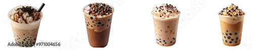 Set, collection of Bubble milk tea in a cup with black tapioca ice isolated on transparent background.