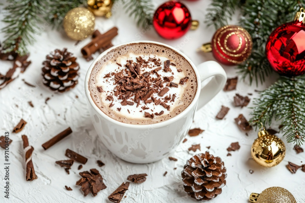 Christmas cacao in white mug with Christmas decorations on a light background. Christmas cacao in white mug with Christmas decorations on a light background.
