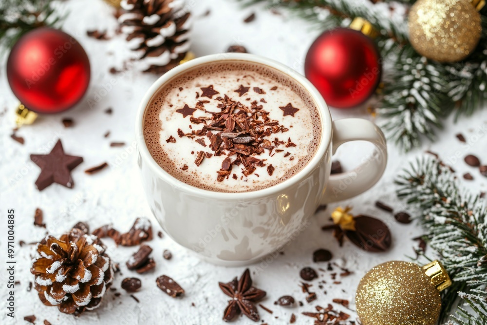 Christmas cacao in white mug with Christmas decorations on a light background. Christmas cacao in white mug with Christmas decorations on a light background.