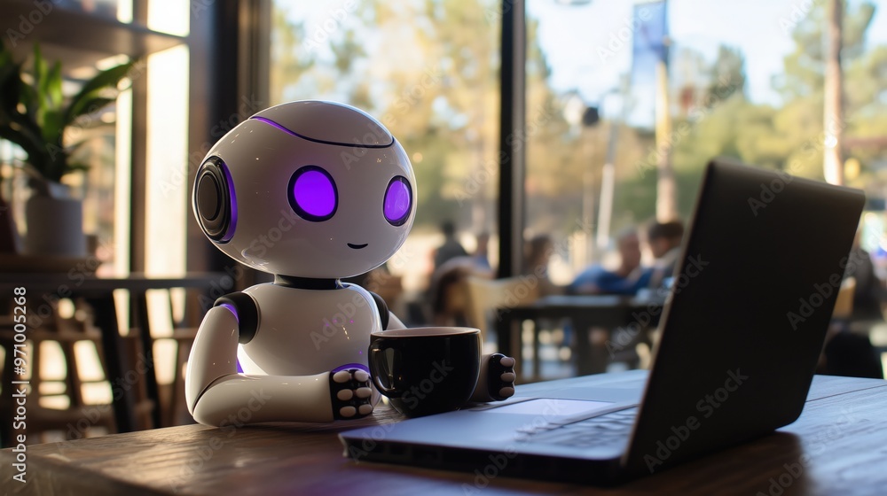 Futuristic ai robot with coffee and laptop in a cozy café setting Futuristic ai robot with coffee and laptop in a cozy café setting