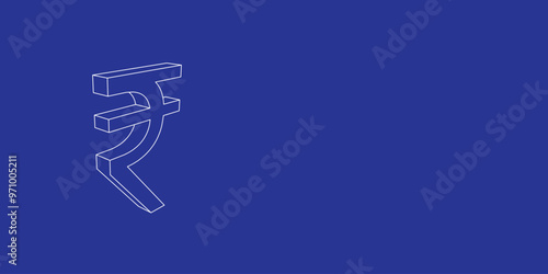 The outline of a large indian rupee symbol made of white lines on the left. 3D view of the object in perspective. Vector illustration on indigo background