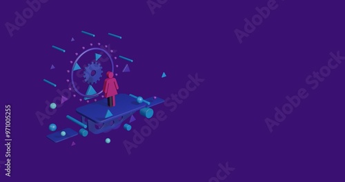 Pink woman symbol on a pedestal of abstract geometric shapes floating in the air. Abstract concept art with flying shapes on the left. 3d illustration on deep purple background