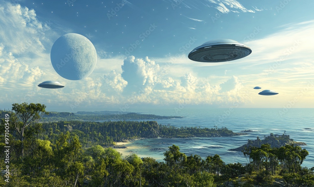 Flying saucers hover above an oceanic world with a vibrant green forest on the horizon and a terraformed moon in the sky 3D rendering Flying saucers hover above an oceanic world with a vibrant green forest on the horizon and a terraformed moon in the sky 3D rendering