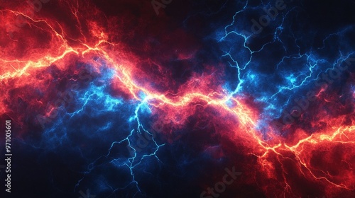 Red and blue lightning with stylized cuts in the design