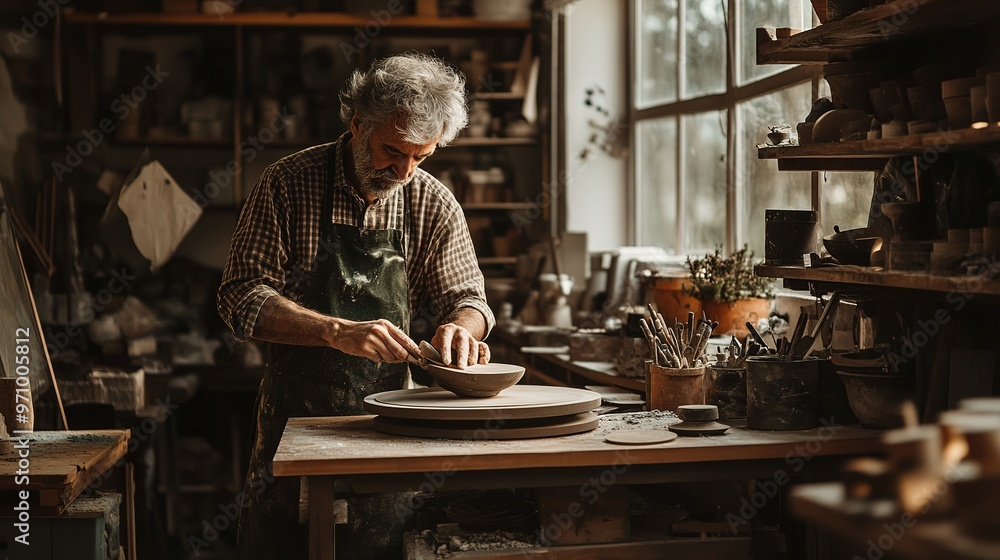 Artisans handcrafting products in a small, home-based workshop. Artisans handcrafting products in a small, home-based workshop.