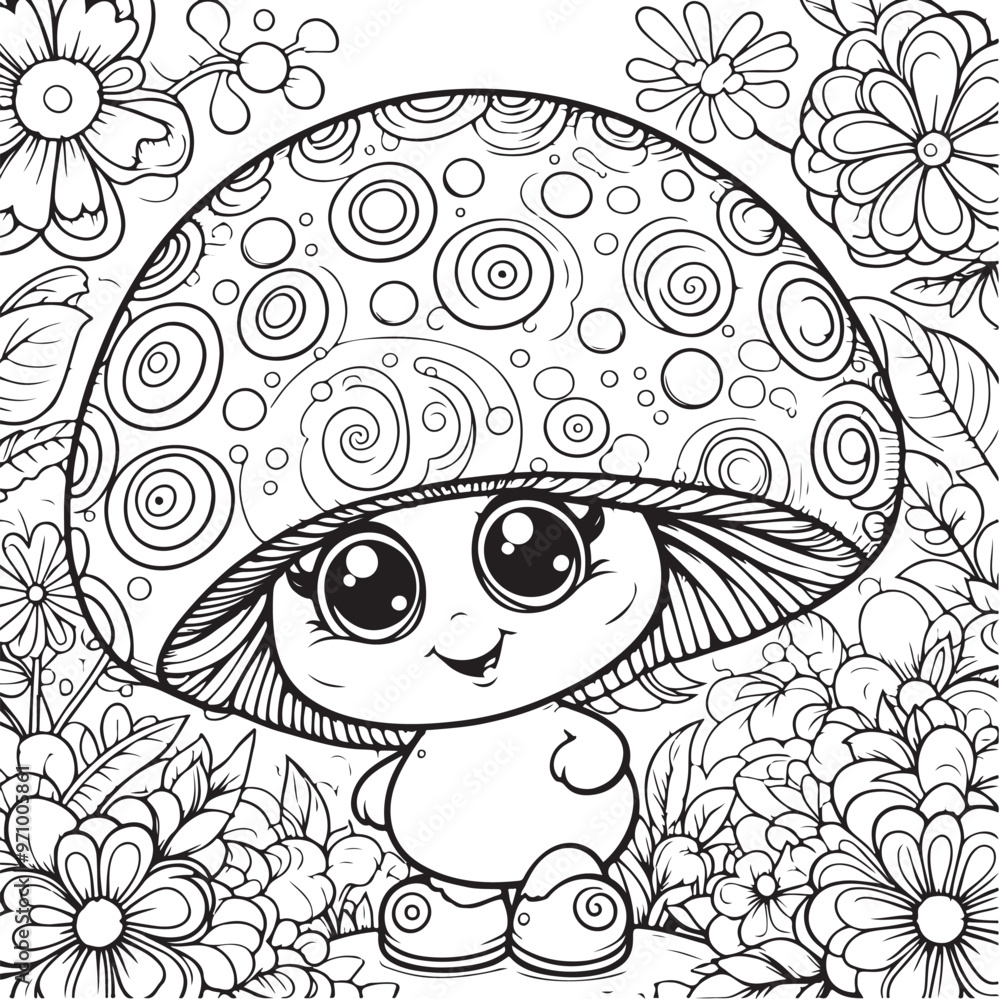 Fototapeta premium A mushroom lineart coloring book illustration for kids