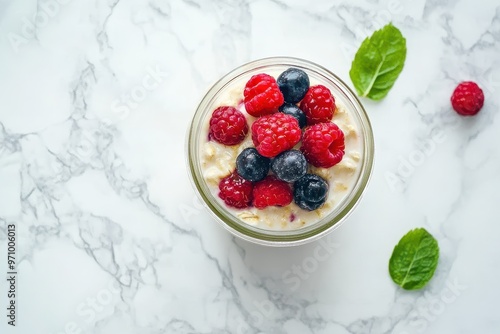 A jar of oatmeal topped with fresh raspberries and blueberries on a marble surface.