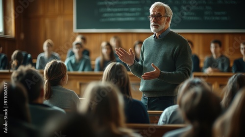 Teacher delivering a lecture in classroom setting. photo