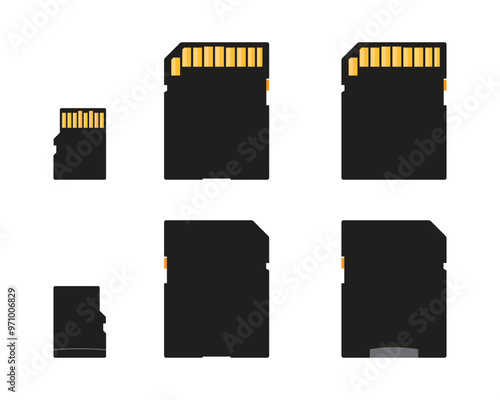 Set of vector SD card illustrations, showing different types and sizes, including micro and standard.