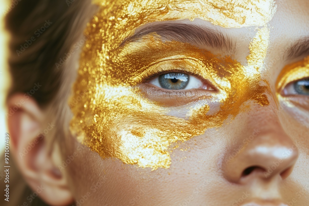 Fototapeta premium Golden paint close-up on woman's face - artistic beauty and elegance for spring design