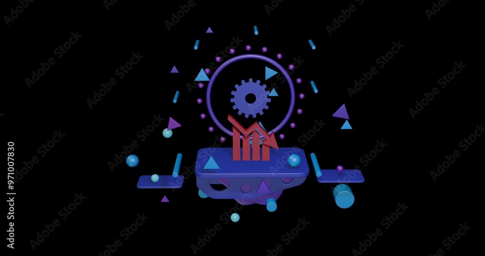 Red chart down symbol on a pedestal of abstract geometric shapes floating in the air. Abstract concept art with flying shapes in the center. 3d illustration on black background Red chart down symbol on a pedestal of abstract geometric shapes floating in the air. Abstract concept art with flying shapes in the center. 3d illustration on black background