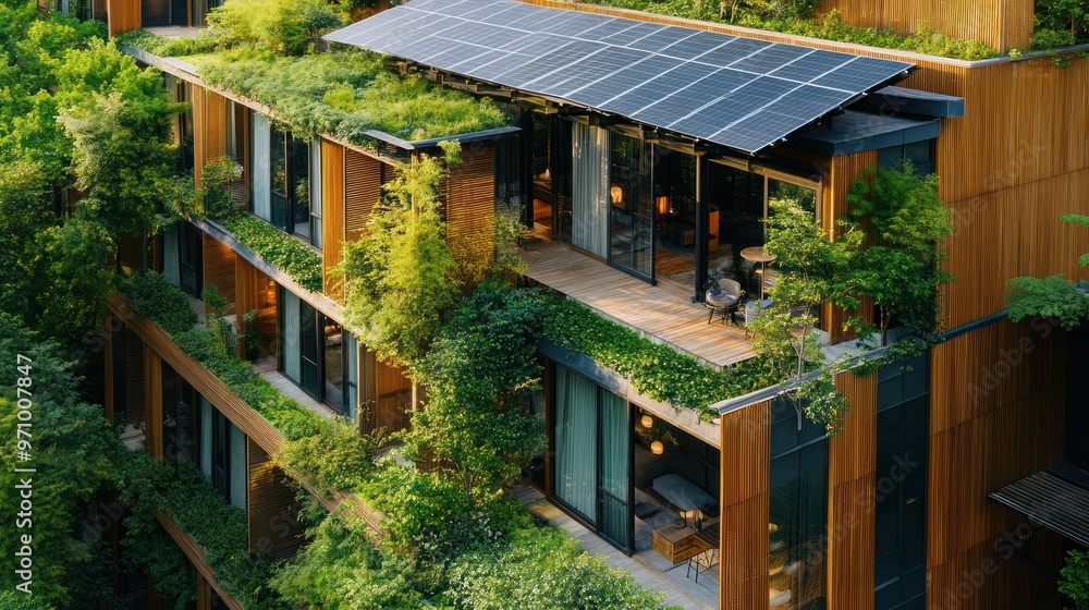 Modern Eco-Friendly Building with Green Roofs and Solar Panels Modern Eco-Friendly Building with Green Roofs and Solar Panels