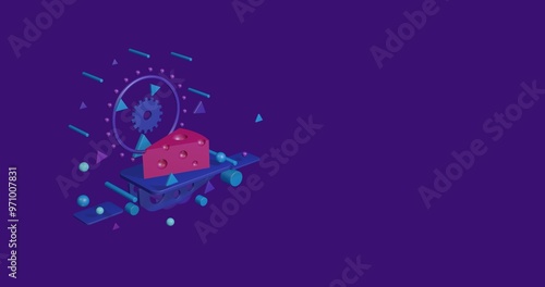 Pink cheese symbol on a pedestal of abstract geometric shapes floating in the air. Abstract concept art with flying shapes on the left. 3d illustration on deep purple background