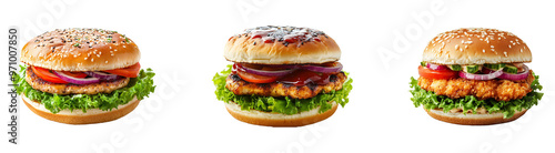 Set, collection of Chicken burger with salad isolated on transparent background.