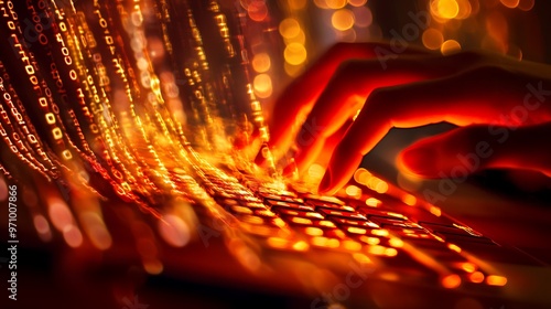 A Hand Typing on a Laptop Keyboard with Blurry Orange Lights and Binary Code