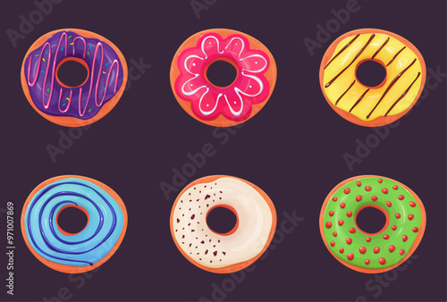 Delicious donuts with sweet glaze. Donuts with glaze. Sweet pastries. Cartoon donuts. Vector illustration.