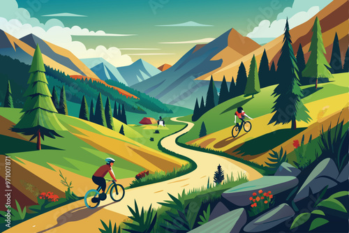 mountain biking trail with cyclists on dirt path, lush hills, and rocky terrain