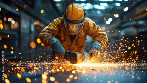 Industrial Worker Using Angle Grinder