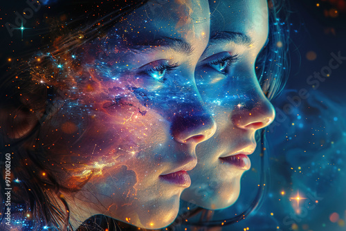 Gemini people with face close-up, east zodiac horoscope constellation symbol, blue fiery neon background.