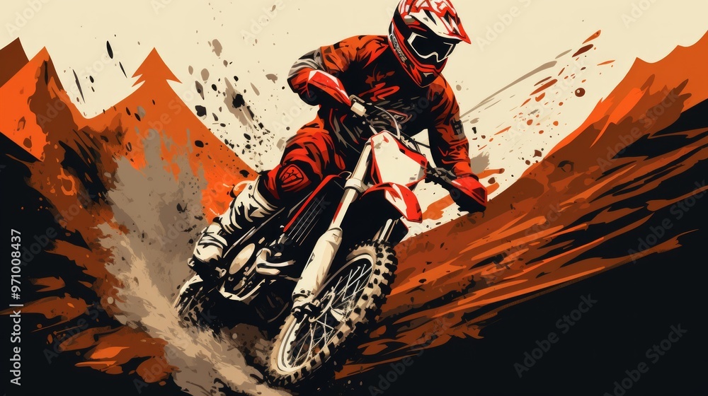 Motocross pilot in a turn during sunset with golden smoke on dirt track. Neural network ai generated art Motocross pilot in a turn during sunset with golden smoke on dirt track. Neural network ai generated art