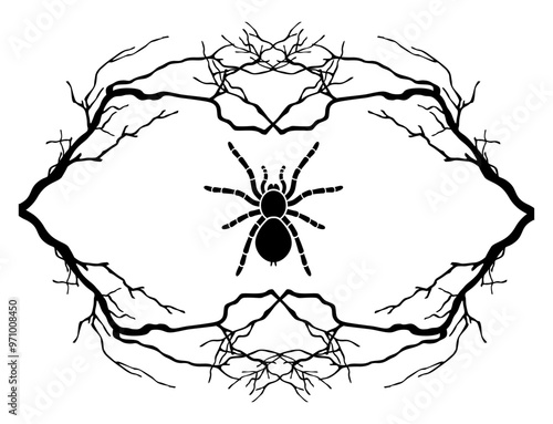 Spider in a frame of four dry branches. Illustration of black vector silhouettes isolated on white background. Halloween holiday decoration elements.