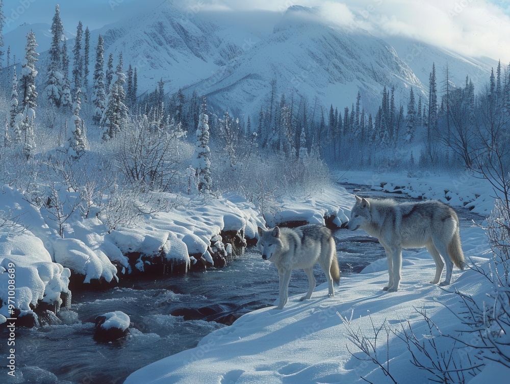 Alaskan wilderness, wolves hunting, snowy terrain, bird's-eye view, rugged landscape, wide-angle shot, crisp clarity Alaskan wilderness, wolves hunting, snowy terrain, bird's-eye view, rugged landscape, wide-angle shot, crisp clarity