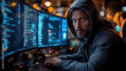 A hacker with hoodie sits at a computer, surrounded by multiple monitors. cybercriminal background. photo