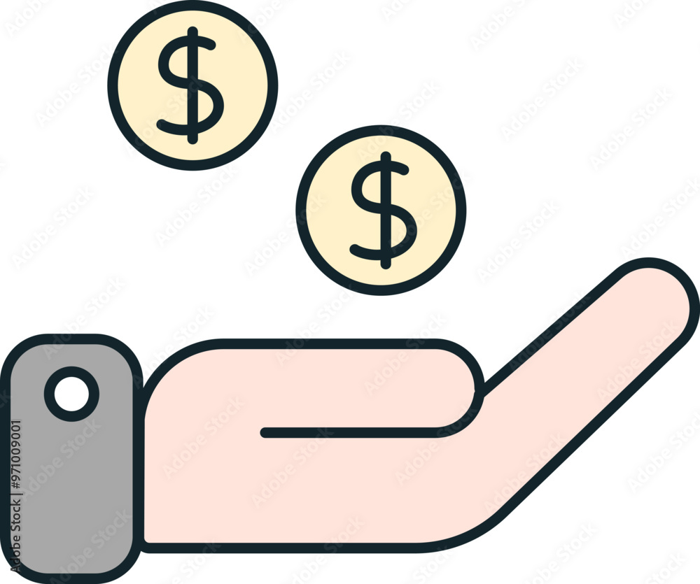 Businessman holding two dollar coins in open hand icon Businessman holding two dollar coins in open hand icon