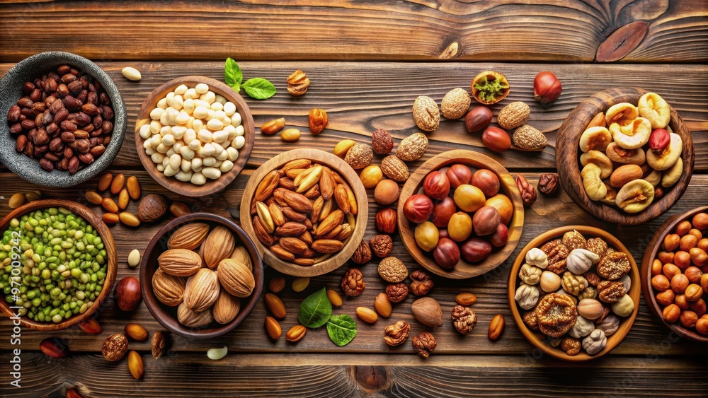 Mixed nuts with walnuts, pistachios, hazelnuts, almonds, and seeds on wooden background, top view, nuts, mixed Mixed nuts with walnuts, pistachios, hazelnuts, almonds, and seeds on wooden background, top view, nuts, mixed
