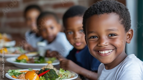 Joyful gathering: children enjoying lunch together in a warm spring setting