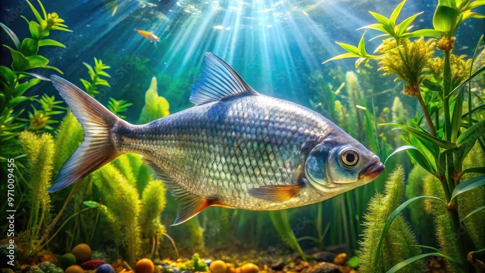 A vibrant freshwater bream fish swims alongside aquatic plants in a serene, sun-dappled environment, its silver scales catching the light with iridescent beauty.